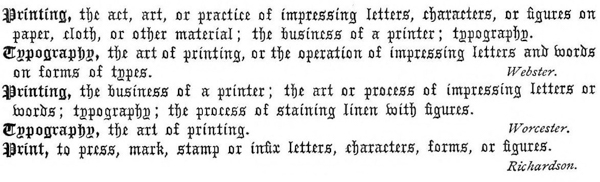Printing, the act, art, or practice of impressing letters, characters,
or figures on paper, cloth, or other material; the business of a
printer; typography.

Typography, the art of printing, or the operation of impressing
letters and words on forms of types. Webster.

Printing, the business of a printer; the art or process of impressing
letters or words; typography; the process of staining linen with
figures.

Typography, the art of printing. Worcester.

Print, to press, mark, stamp or infix letters, characters, forms, or
figures. Richardson.
