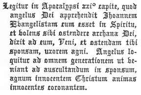 
Legitur in Apocalypsi xxiº capite, quod
angelus Dei apprehendit Jhoannem
Evangelistam cum esset in Spiritu,
et volens sibi ostendere archana Dei,
dixit ad eum, Veni, et ostendam tibi
sponsam, uxorem agni. Angelus loquitur
ad omnem generationem ut veniant
ad auscultandum in sponsum,
agnum innocentem Christum animas
innocentes coronantem.